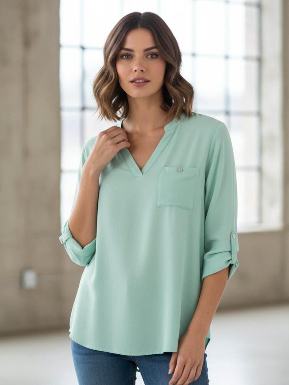 Soft Surroundings M Tunic Top Tencel Roll Tab Sleeve Green V Neck Minimalist‎